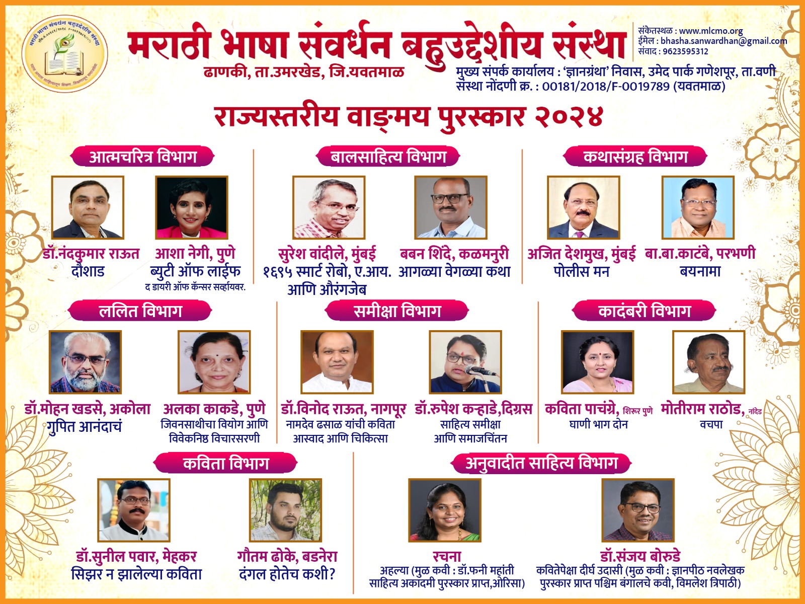 राज्यस्तरीय वाङ्मय पुरस्कार जाहीर